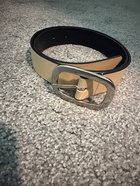 Zara Beige Leather Belt with Silver Oval Buckle
